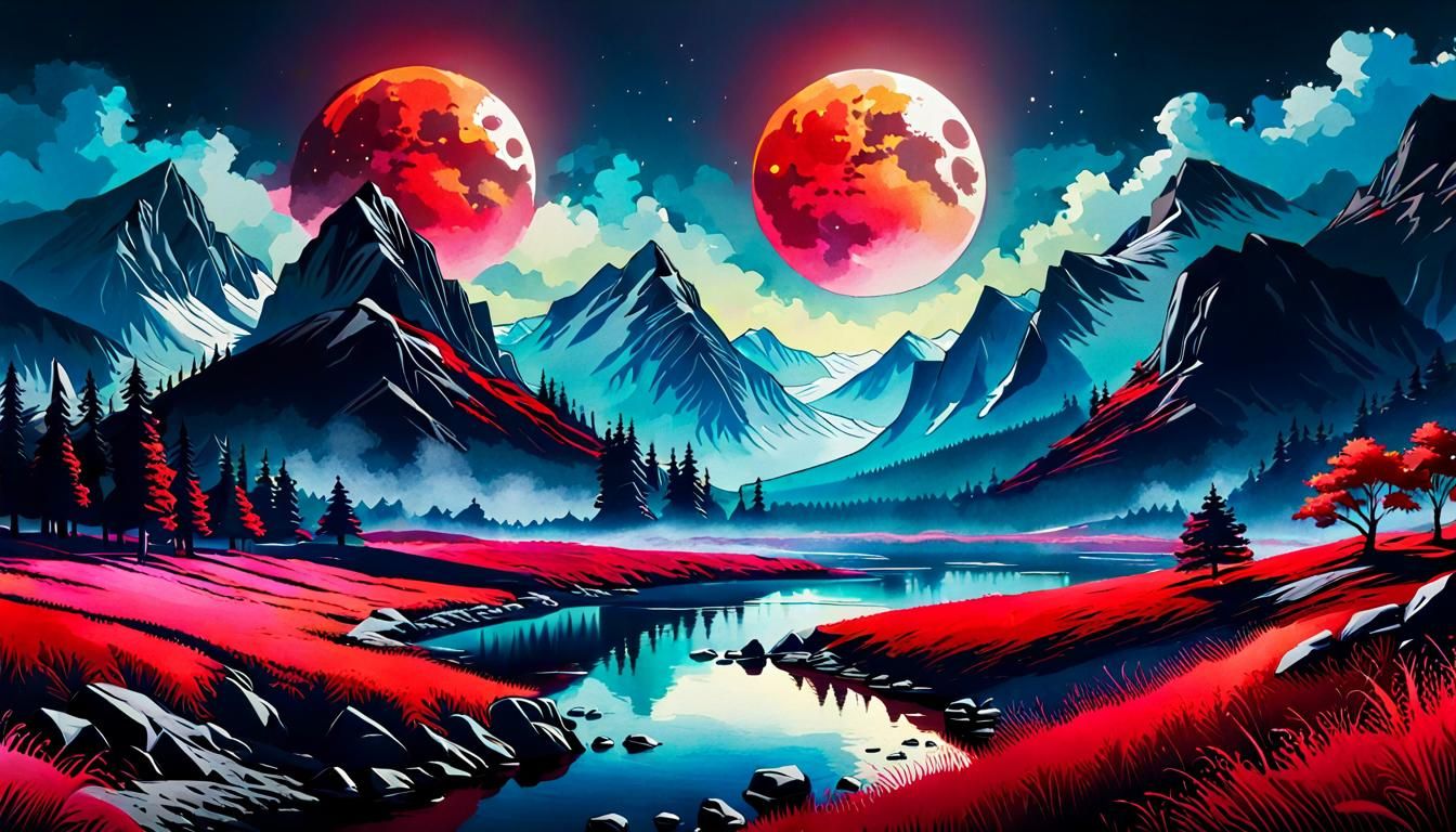 Vibrant Bloodmoon Summerscape: Digital Watercolor Illustrati...