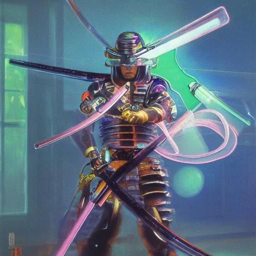 A cybernetic samurai with a katana that has glowing neon eng...