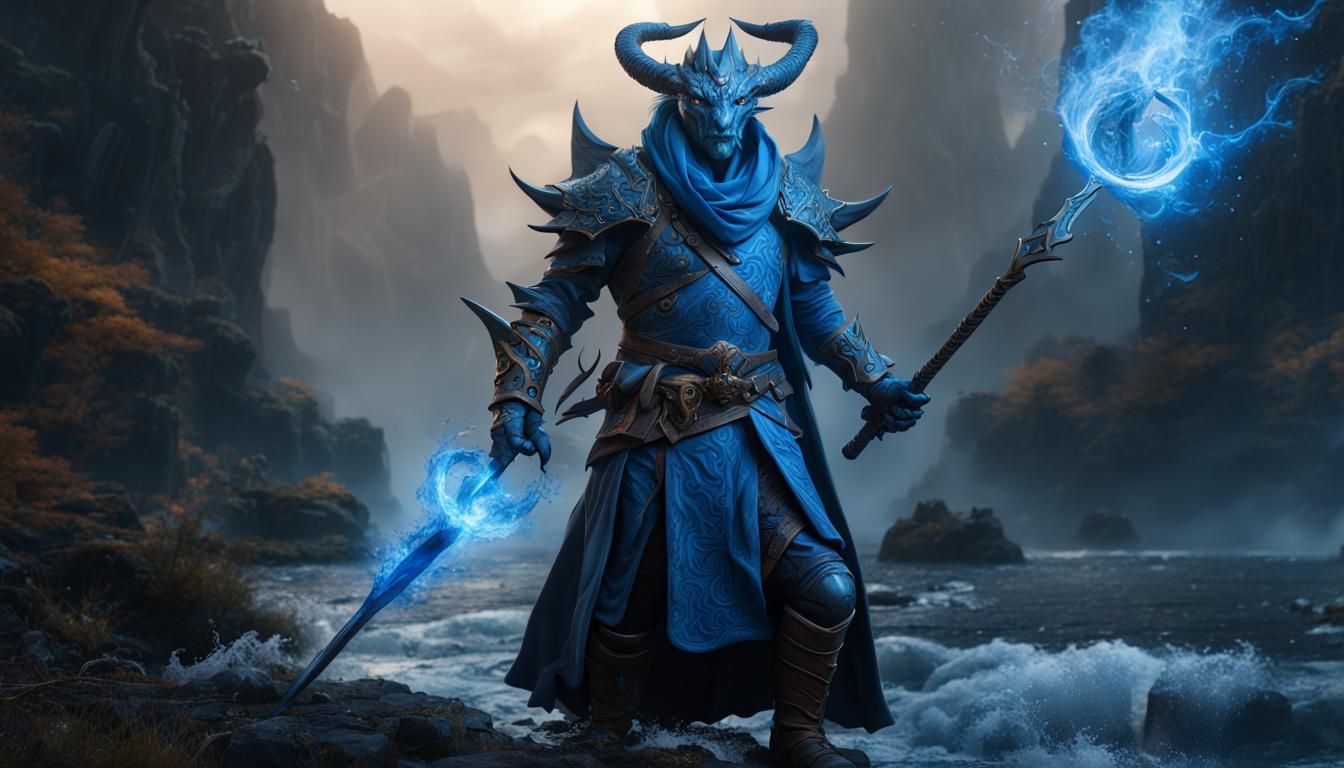 Blue Dragonborn War Mage Wizard Outlander