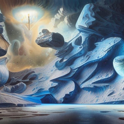 Destruction of an ice world by a fire ball, air and water ar...