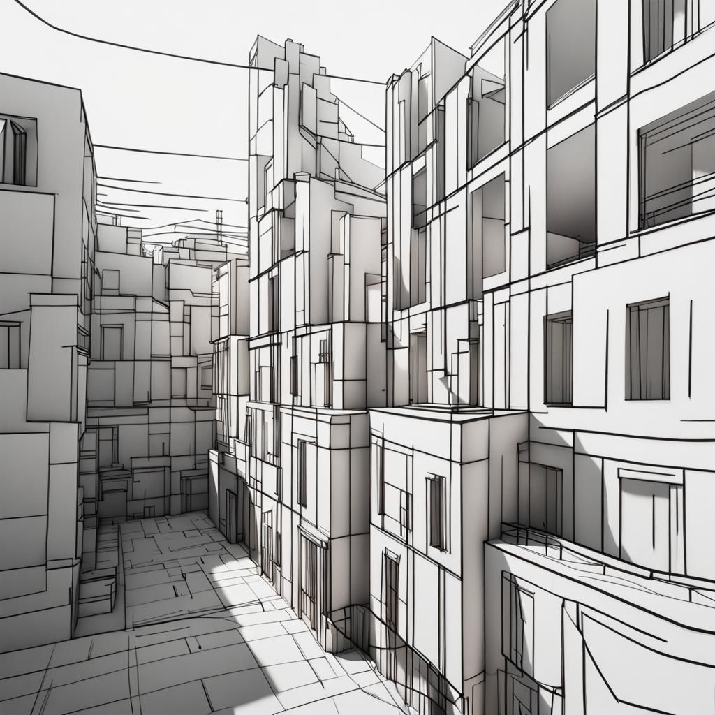 Create using only Lines, city scape, minimalist, pencil sketch, Pablo Picasso, Unreal Engine 5, landscape, ...  by @kanightisreal_