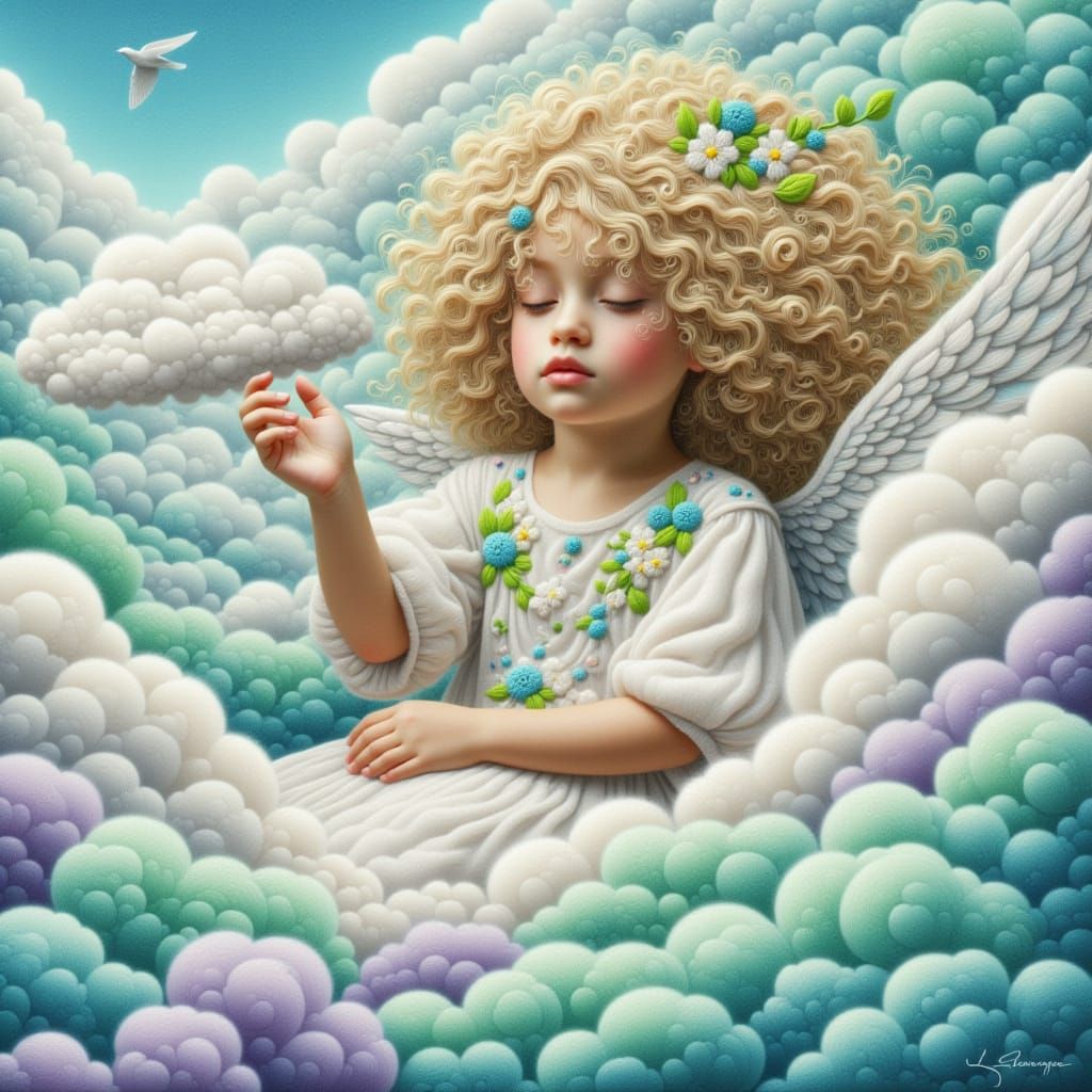 <lora:Kak-embroidery:1.0>Angelical toddler girl sitting among the clouds in turquoise, violet, green.