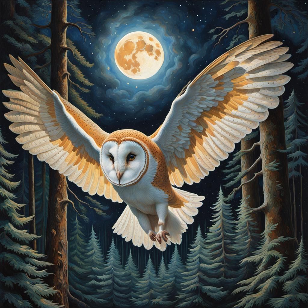Barn owl flies through the forest