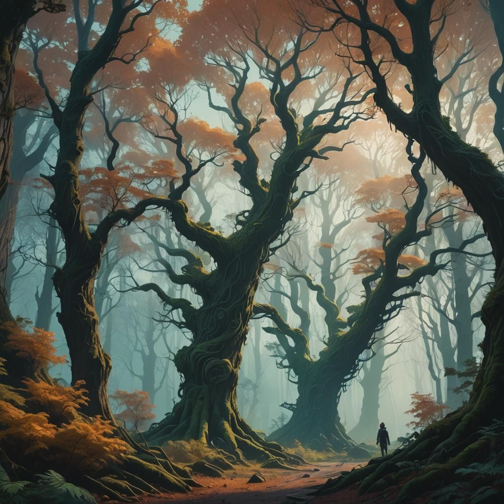 Mystical Forest with Ethereal Tree in Fantasy Art Style