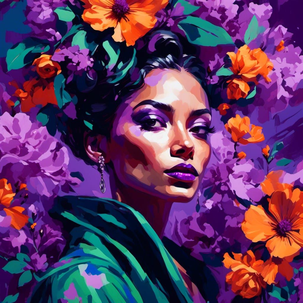 Pop Art Portrait with Flowers in Neon Colors