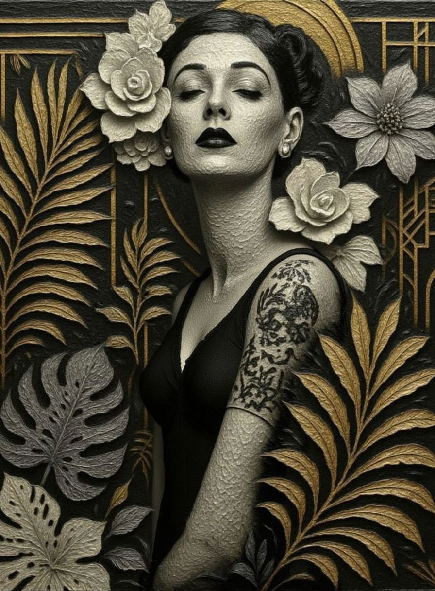 A Flapper dancing, Three dimensional textured impasto, The Matrix Tattoo floral gardenia monstera palm 1940s, surreal Black white gold Art D...