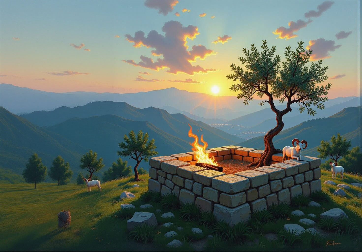 A low square of Jerusalem stones on green, mountainous soil, and on the stone are trees from which fire is burning, and next to it is a tree...