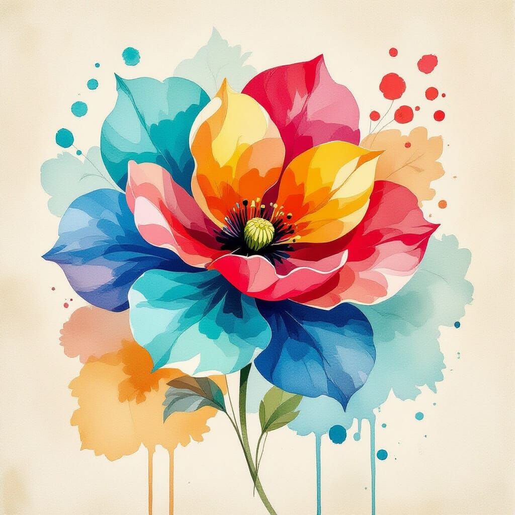 Vibrant Abstract Watercolor Bloom in Art Nouveau Style