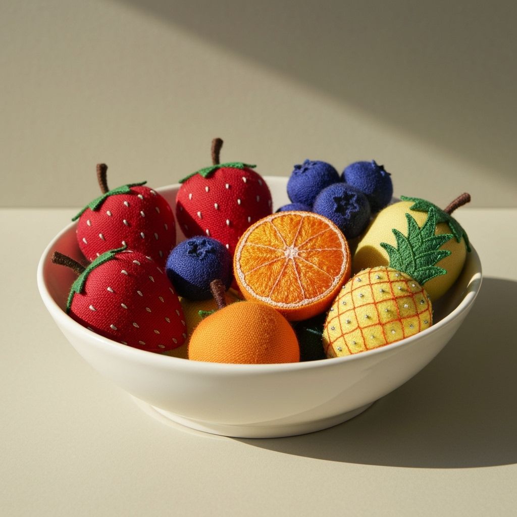 a bowl of fruit, the fruit are really cotton sewing pin cushions
  by @Hereami