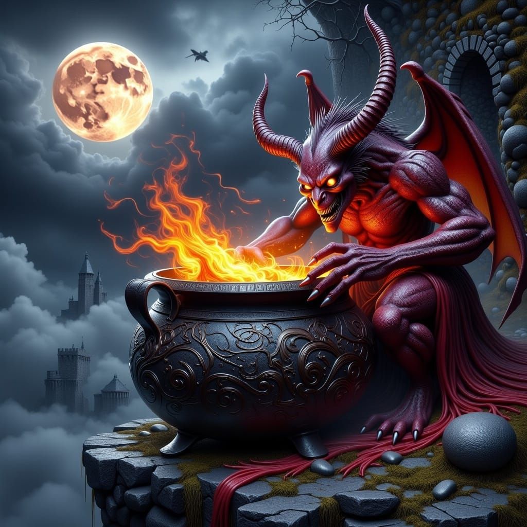 <lora:Winged Creatures:1.0>A Dämon in dark red demeanor rowing in a firey glowing bubbling cauldron, on a Cliffside beside an ancient weathe...