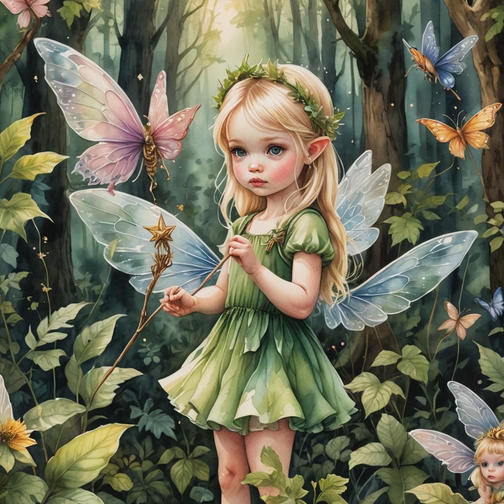 watercolor, pouty face, straight blonde hair, little baby fairy ...