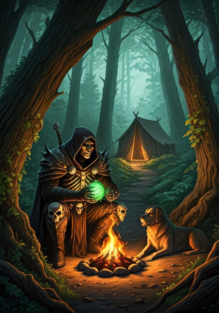 Mystical Necromancer in Overgrown Forest, Digital Painting