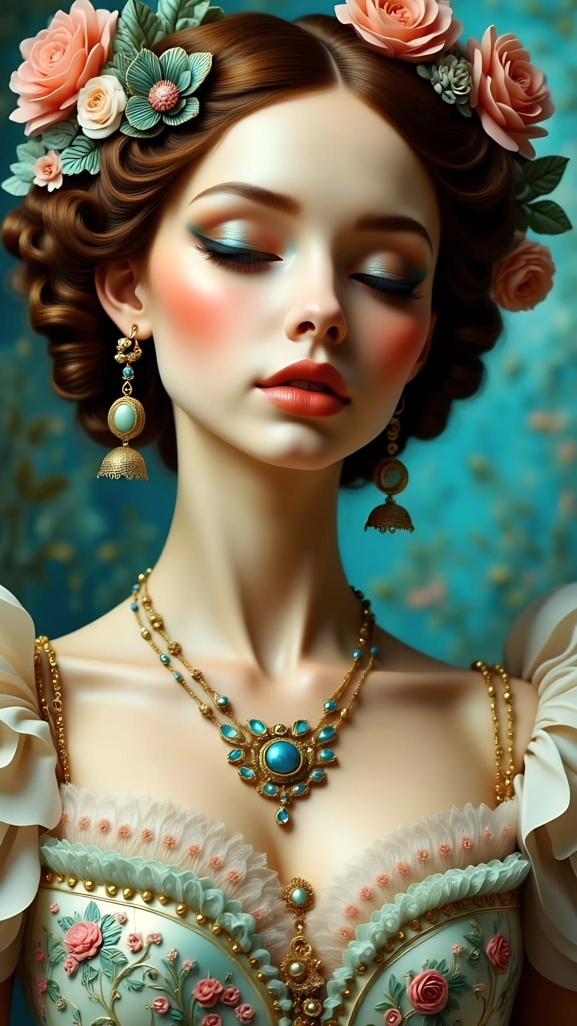 <lora:Pretty Whimsy World:1.0>photorealistic, Victorian Portrait:
Elegant woman in ornate historical dress with jewelry, pearlescent relief ...