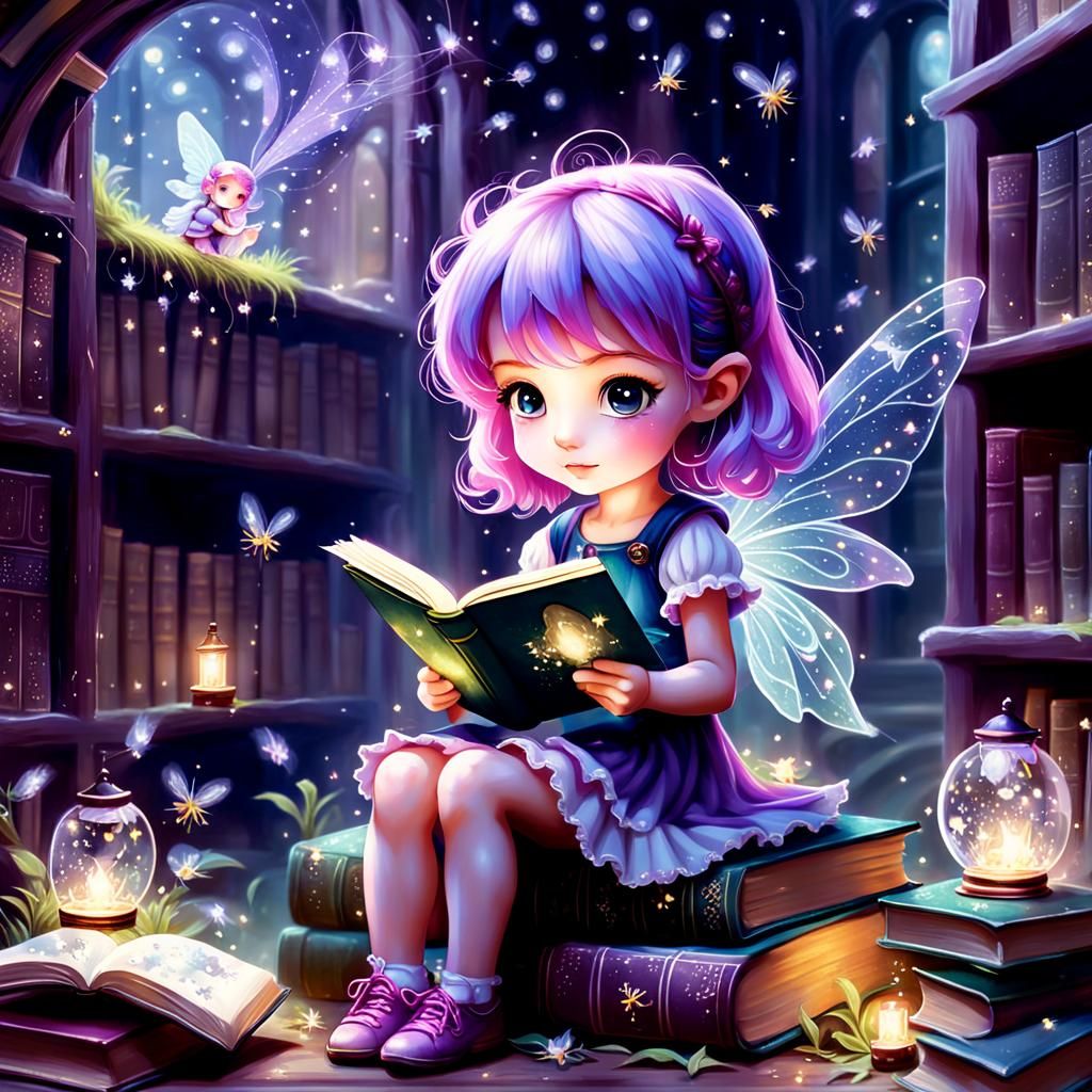 a Tiny purple and pink haired chibi fairy sitting reading, o...