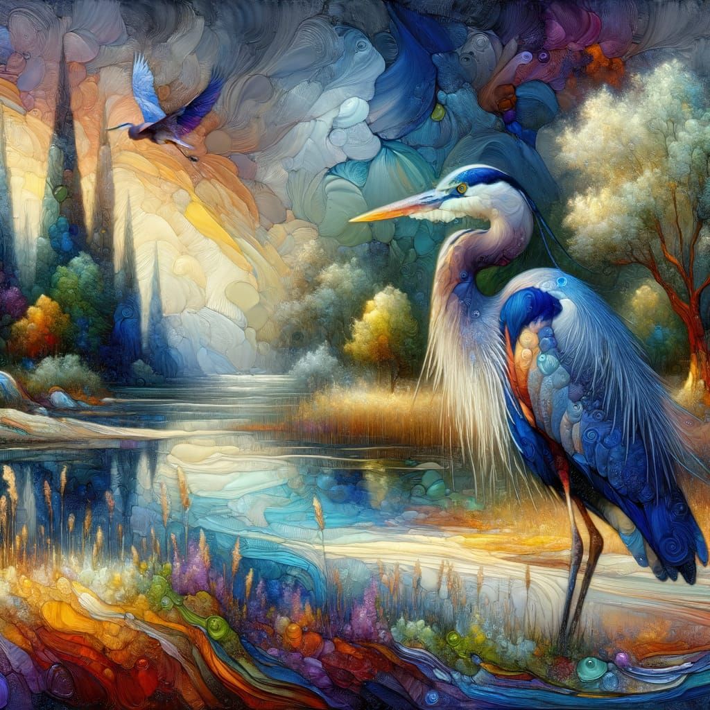 blue heron, impasto watercolor and oil  by @zoshart