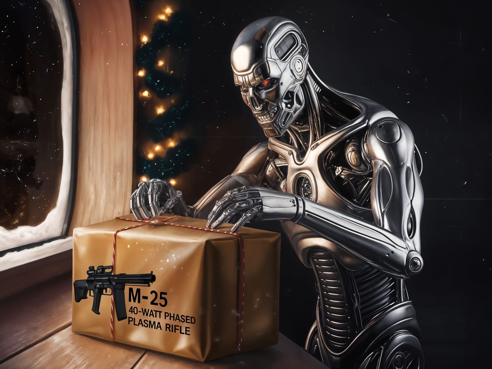 Futuristic Terminator Unwraps Christmas Present with Phased....