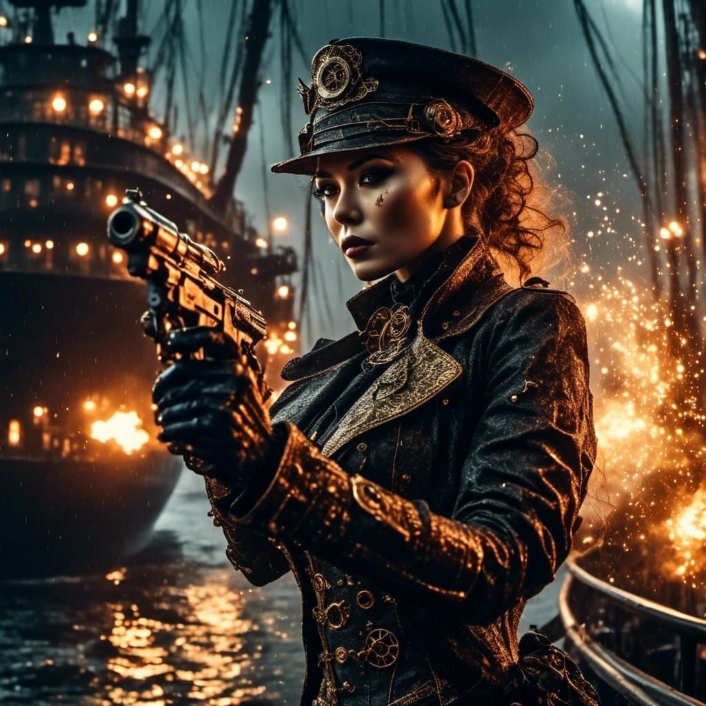 A beautiful steampunk cyborg shooting her way off a steam ship. <lora:Fire-Rain:0.5> <lora:SteampunkPOPz:0.5> <lora:Godlike-Energy:0.5> <lor...