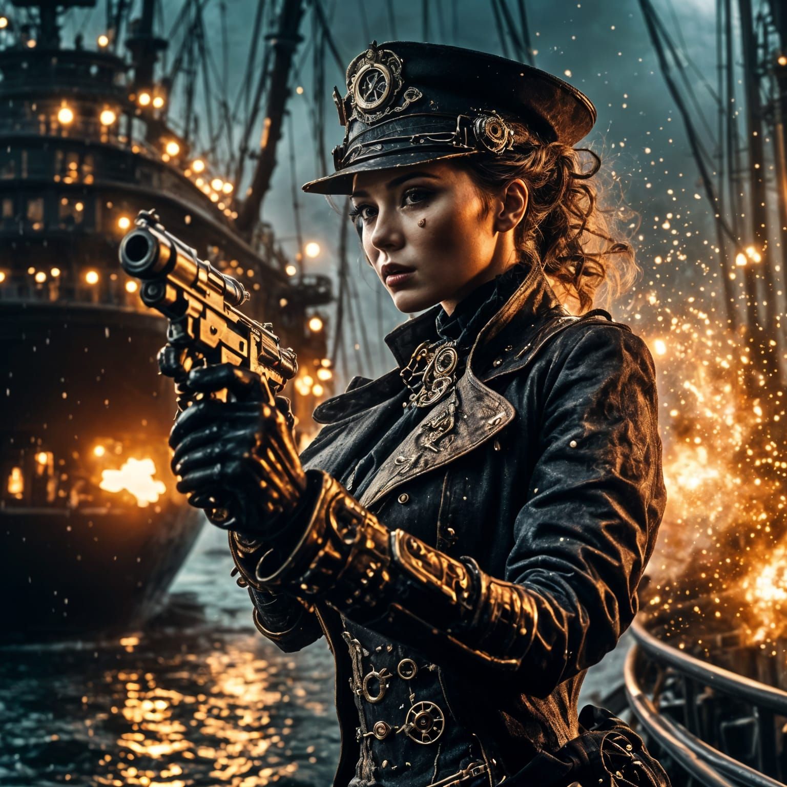 A beautiful steampunk cyborg shooting her way off a steam ship. <lora:Fire-Rain:0.5> <lora:SteampunkPOPz:0.5> ...  by @Aquaman420