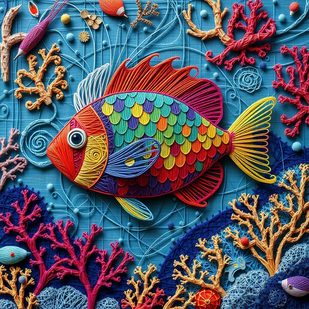 String figures inspired by nature of a colorful fish surrounded by magnificent coral made of strings  by @Eclectic shambles