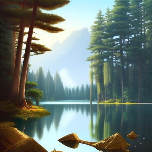 a beautiful and detailed mate painting of a lake in a pine tree forest ...