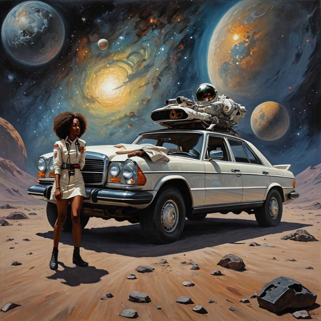 Car Mercedes in space with a black girl