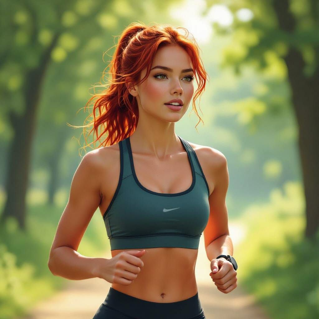 Redhead Woman Jogging in Lush Park, Art Nouveau Style