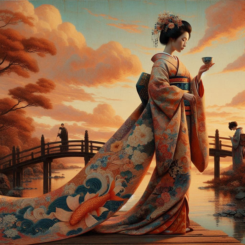 Painting of Japanese woman in Kimono  ala Hiroshi Yoshida