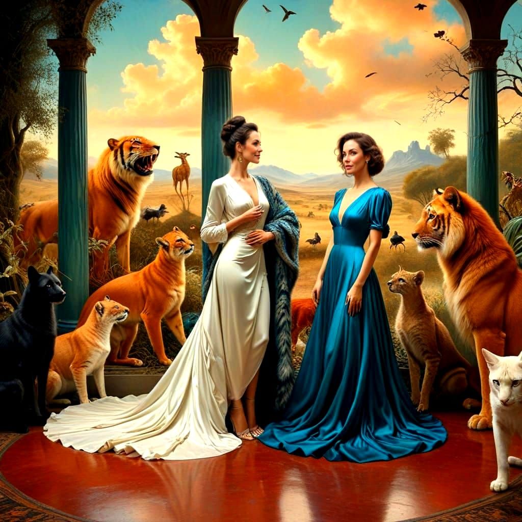 Enchanting Lady Surrounded by Whimsical Creatures in Vibrant...