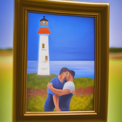 Oil painting guys with a lighthouse in the background