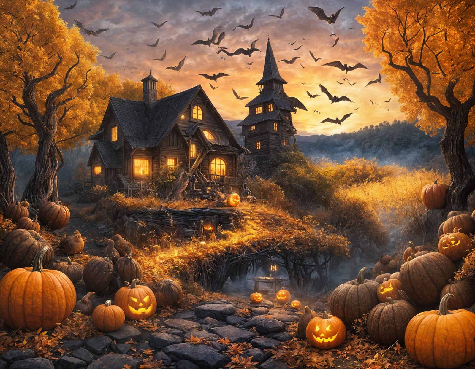 Autumnal Harvest Festival Scene with Fox and Haunted House