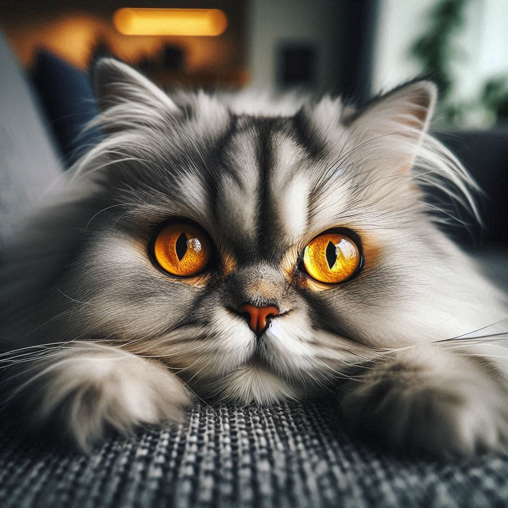 Persian cat stretches and looks strait