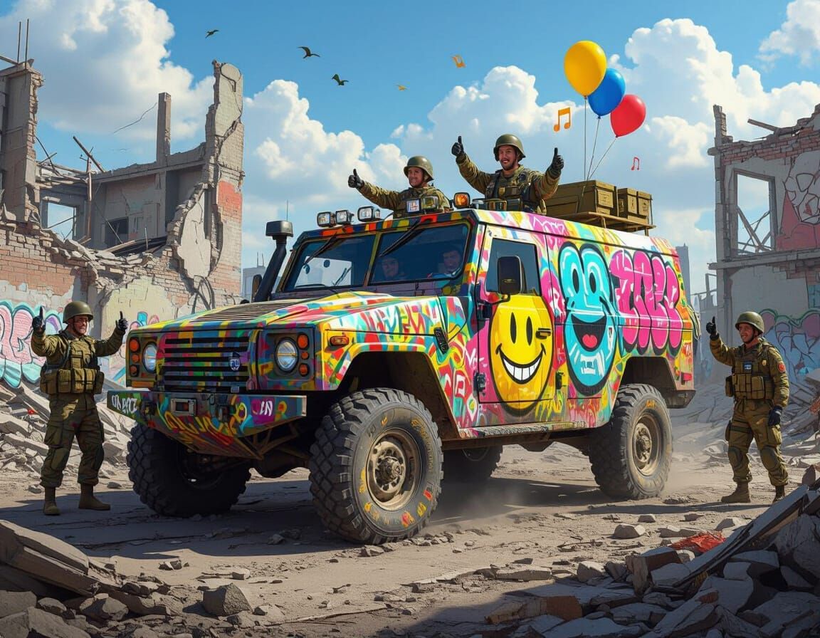 Ultra-realistic digital painting of a military-style vehicle decorated with colorful graffiti art, playful drawings, and vibrant doodles (sm...