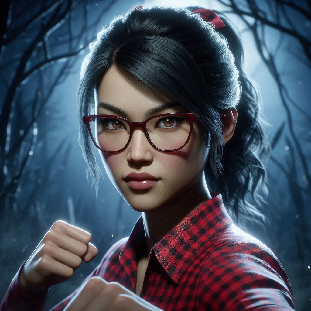 Titaness Kitana getting ready to do martial arts in an eerie forest at night