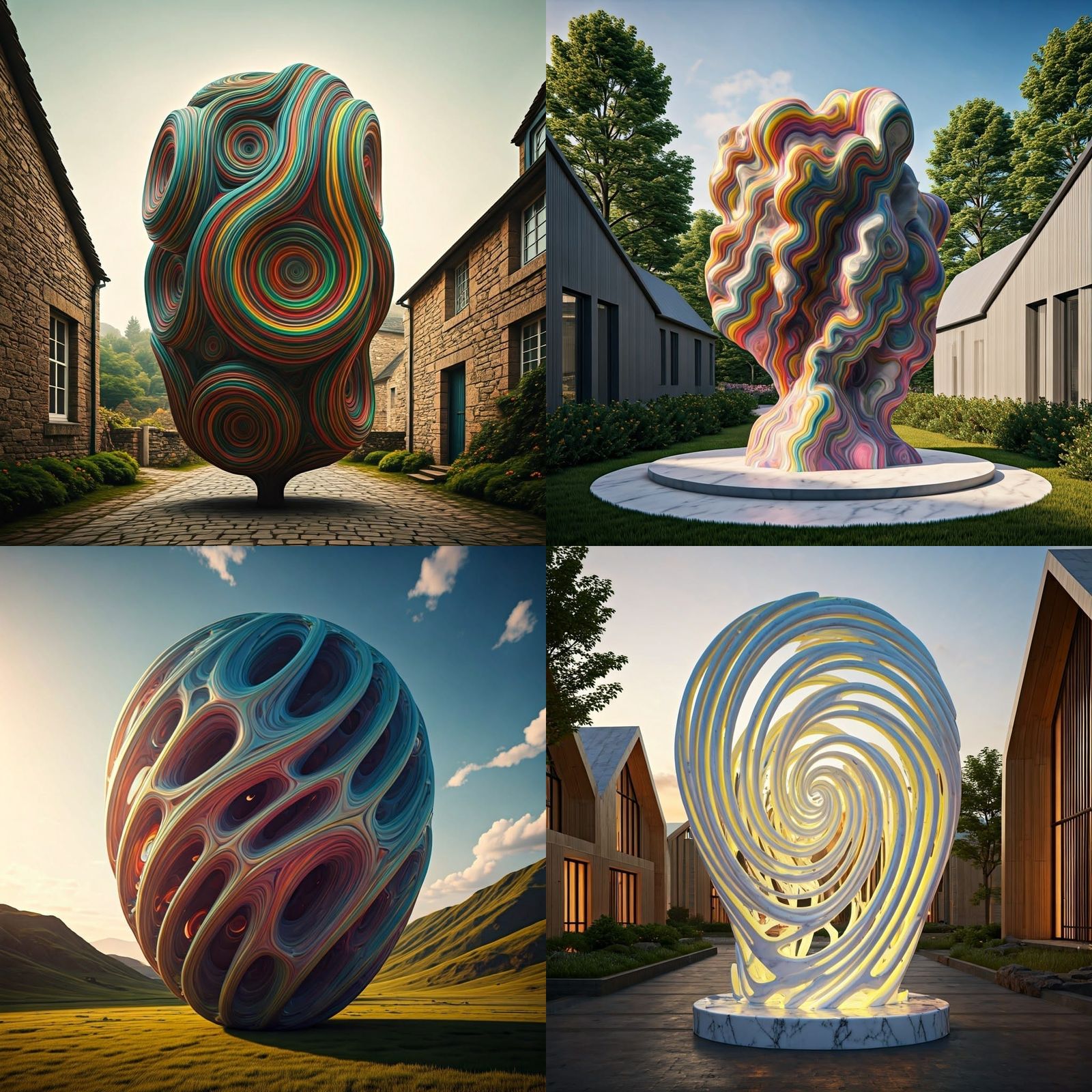 sculpture made of colourful plastic and marble with intricate, swirling patterns of interconnected lines and shapes, ble...