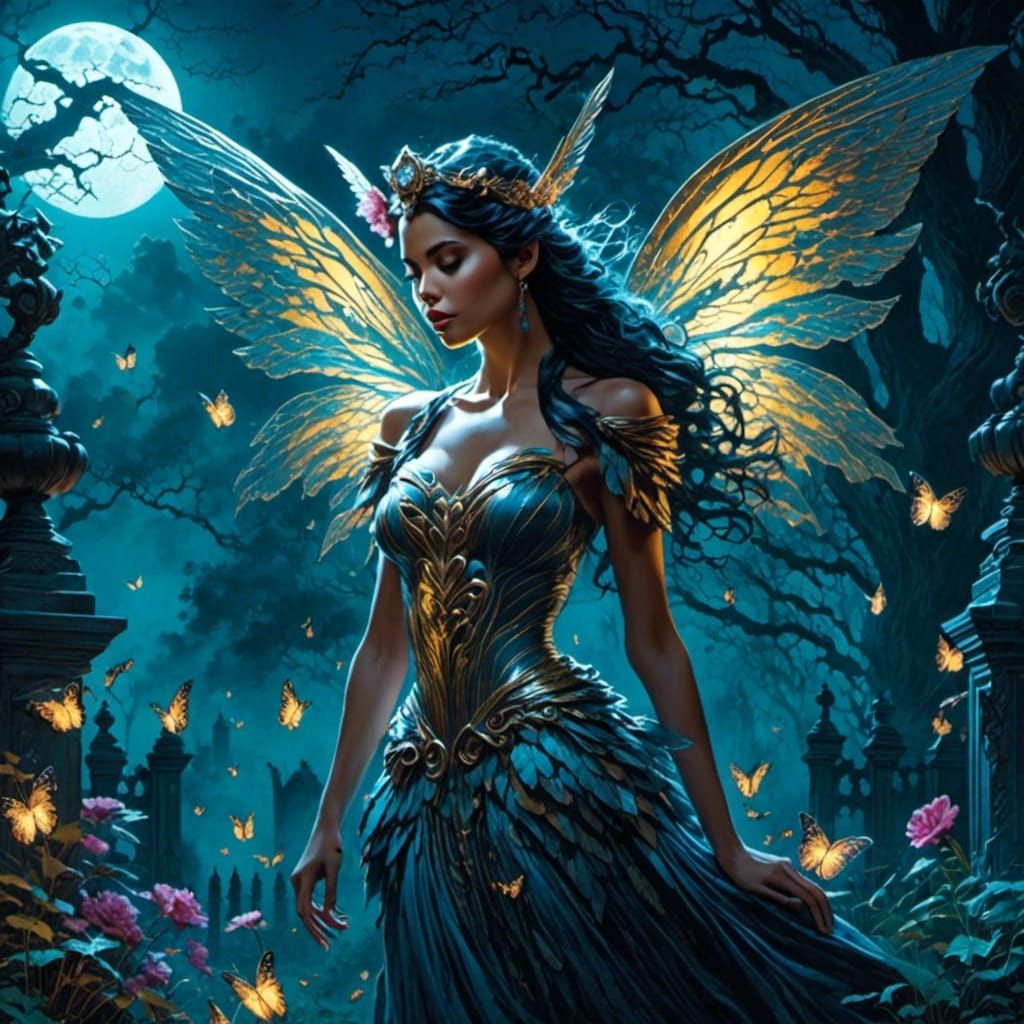 <lora:gnarly:1.0>beautiful winged fairy in graveyard foggy moonlight moody epic intricate
