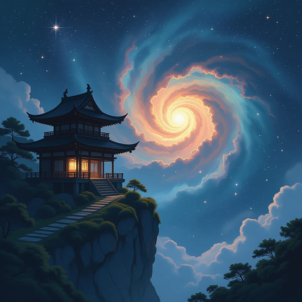 Cosmic Teahouse on Swirling Nebula Edge