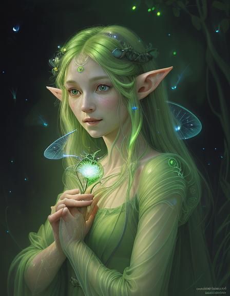 portrait of an elf, long green dress, highly detailed face, ...