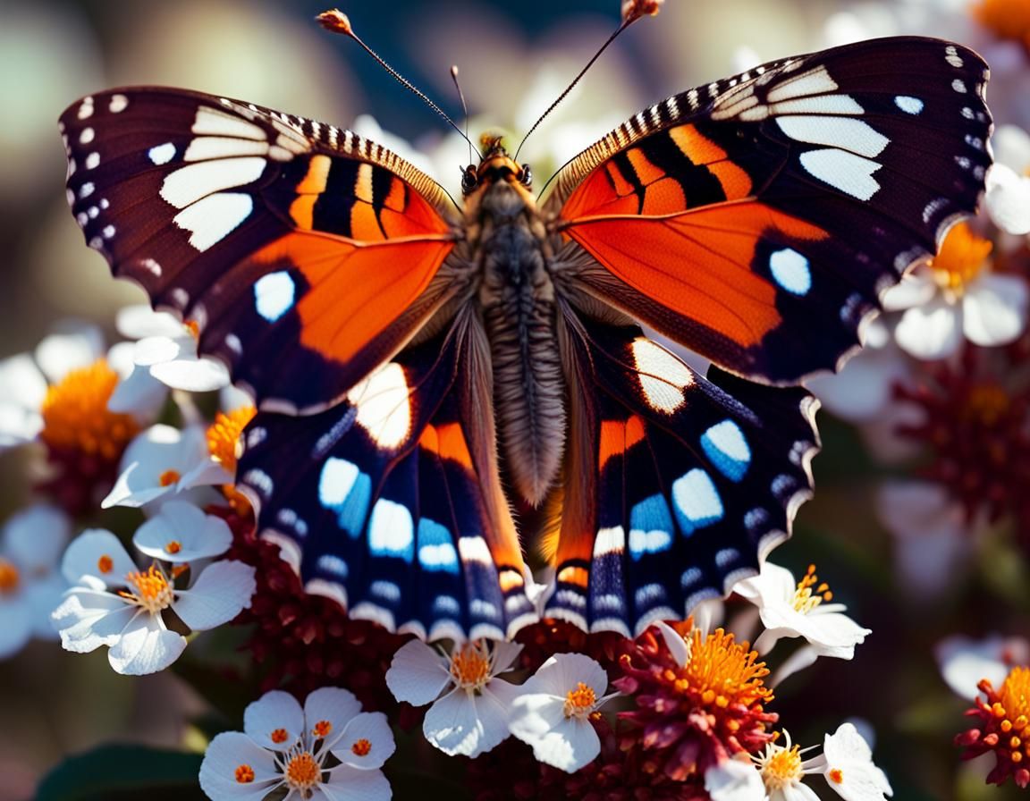 Fantastical surrealism. Close-up macro. A large admiral butterfly sits on a white flower of the butterfly bush. 8k resolution. Deep colors w...