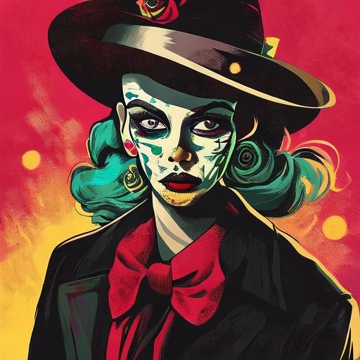 <lora:Film Noir 2D SD15:1.0>
Medium shot of a beautiful woman wearing colorful Día de los Muertos face paint. Film noir, vector art