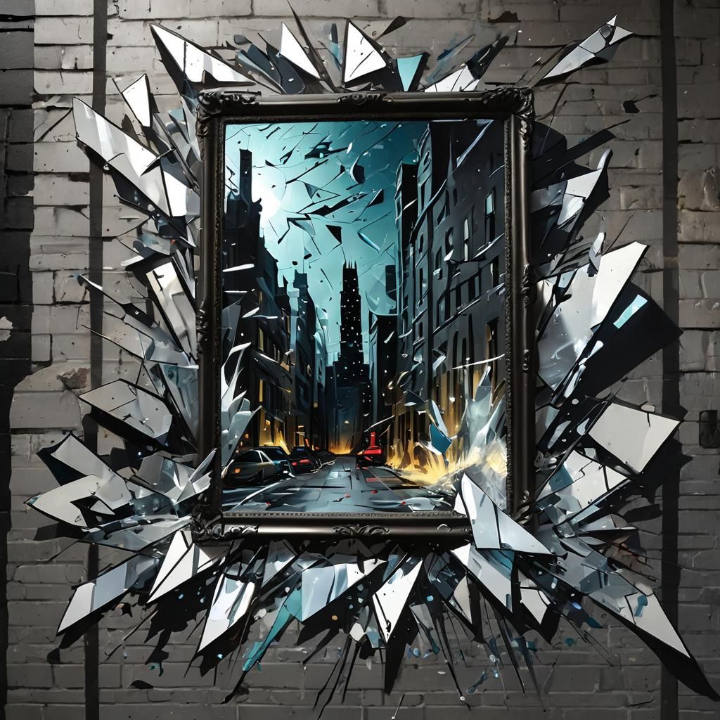  dramatic scene featuring a large broken mirror 