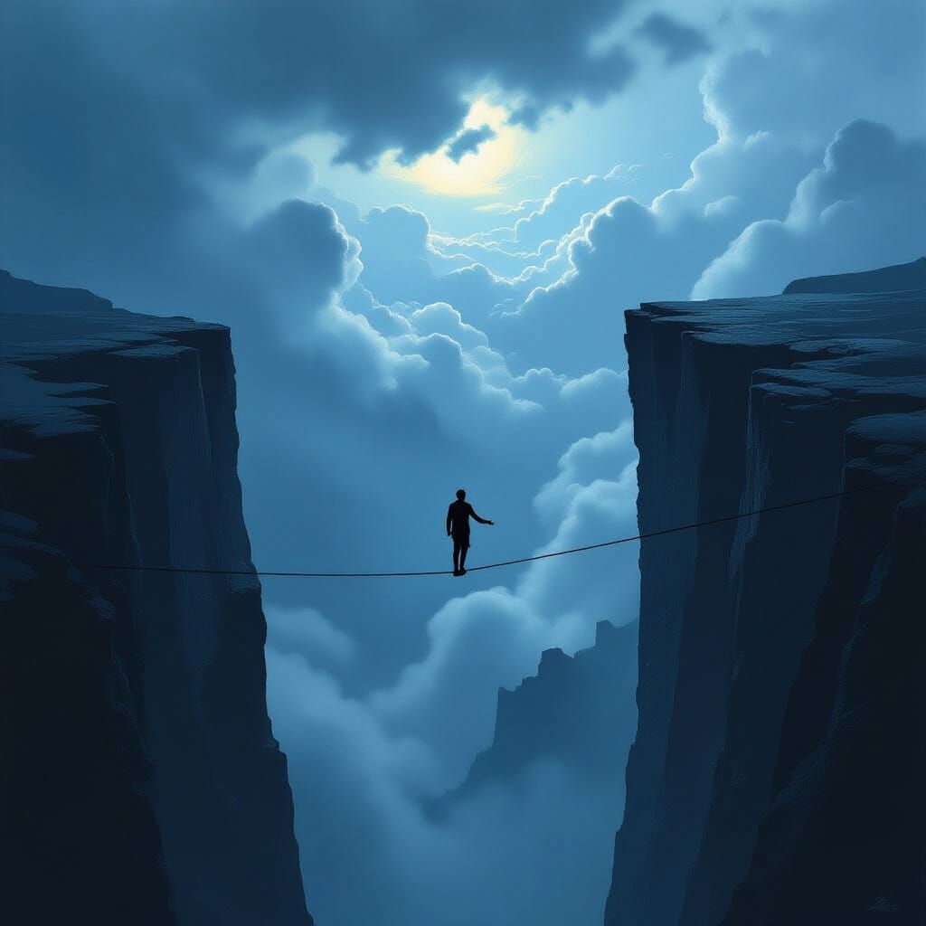 Man on Tightrope Between Cliffs