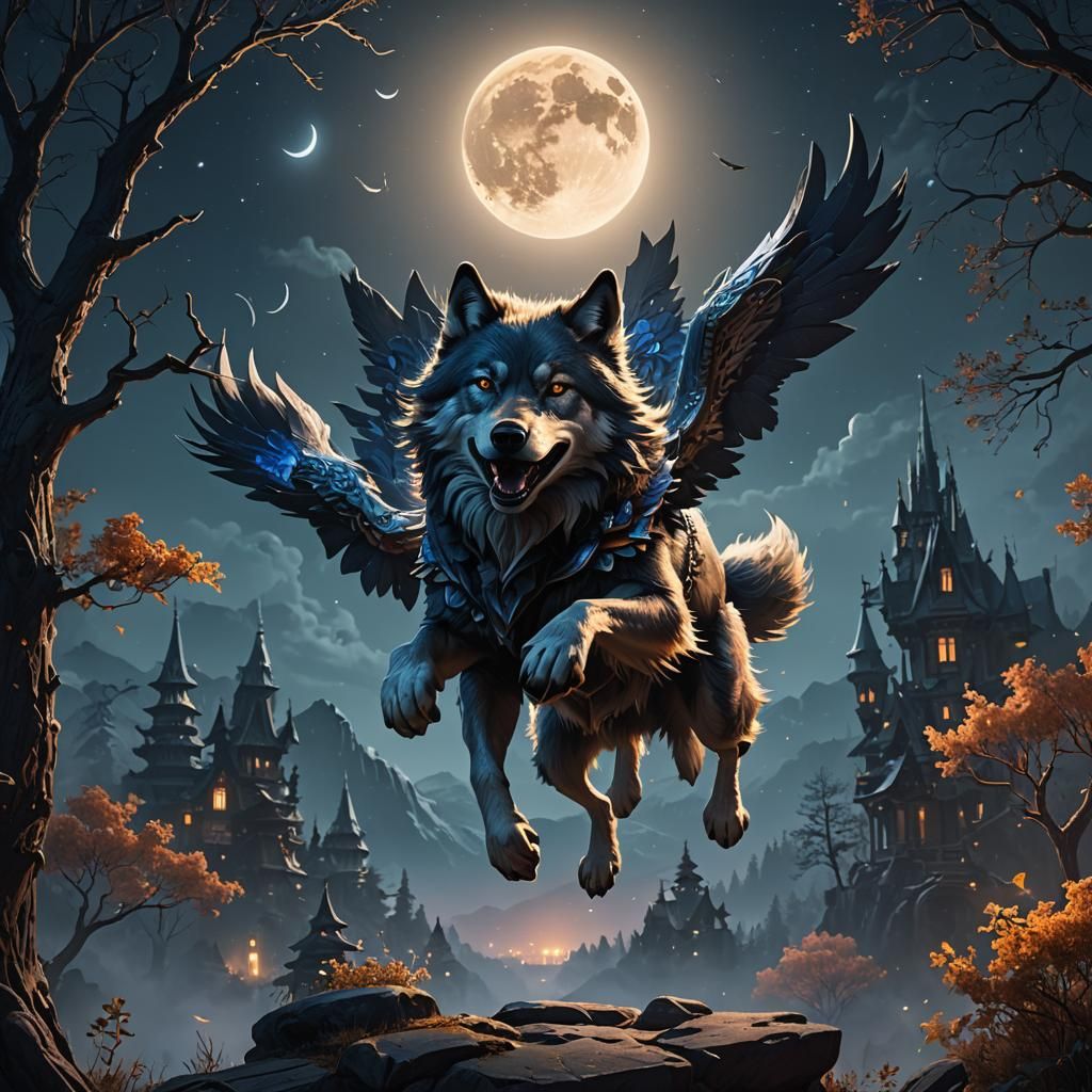 happy flying wolf in the moonlight