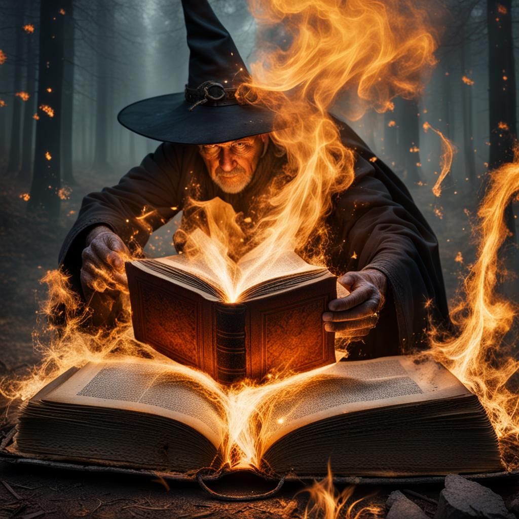 close-up image of a burning, open antique book, fire reveals his text while a witch is casting a spell, ...  by @Jorge Ramirez