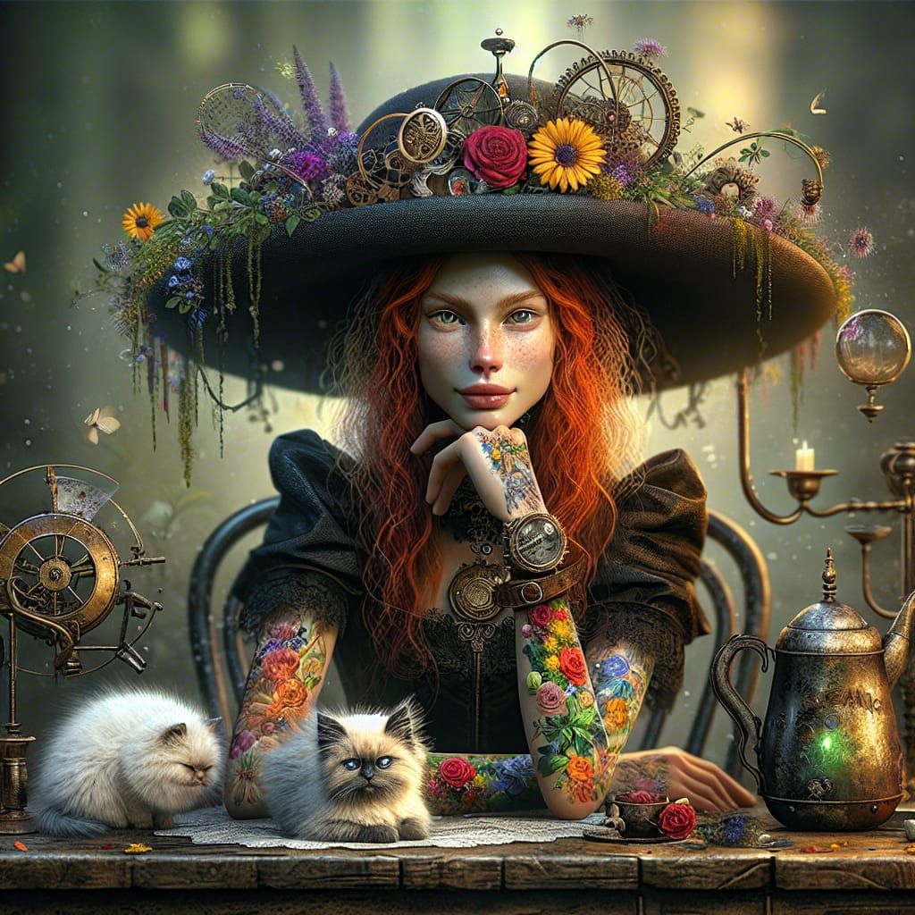 a woman with a black hat with a wide brim decorated with flowers and steampunk  by @Angelika