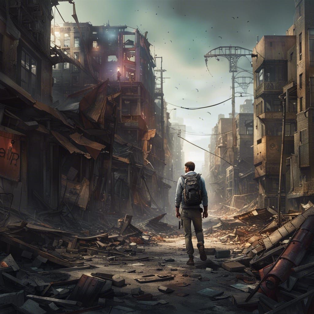 a solitary survivor man  moving through the dilapidated remn...