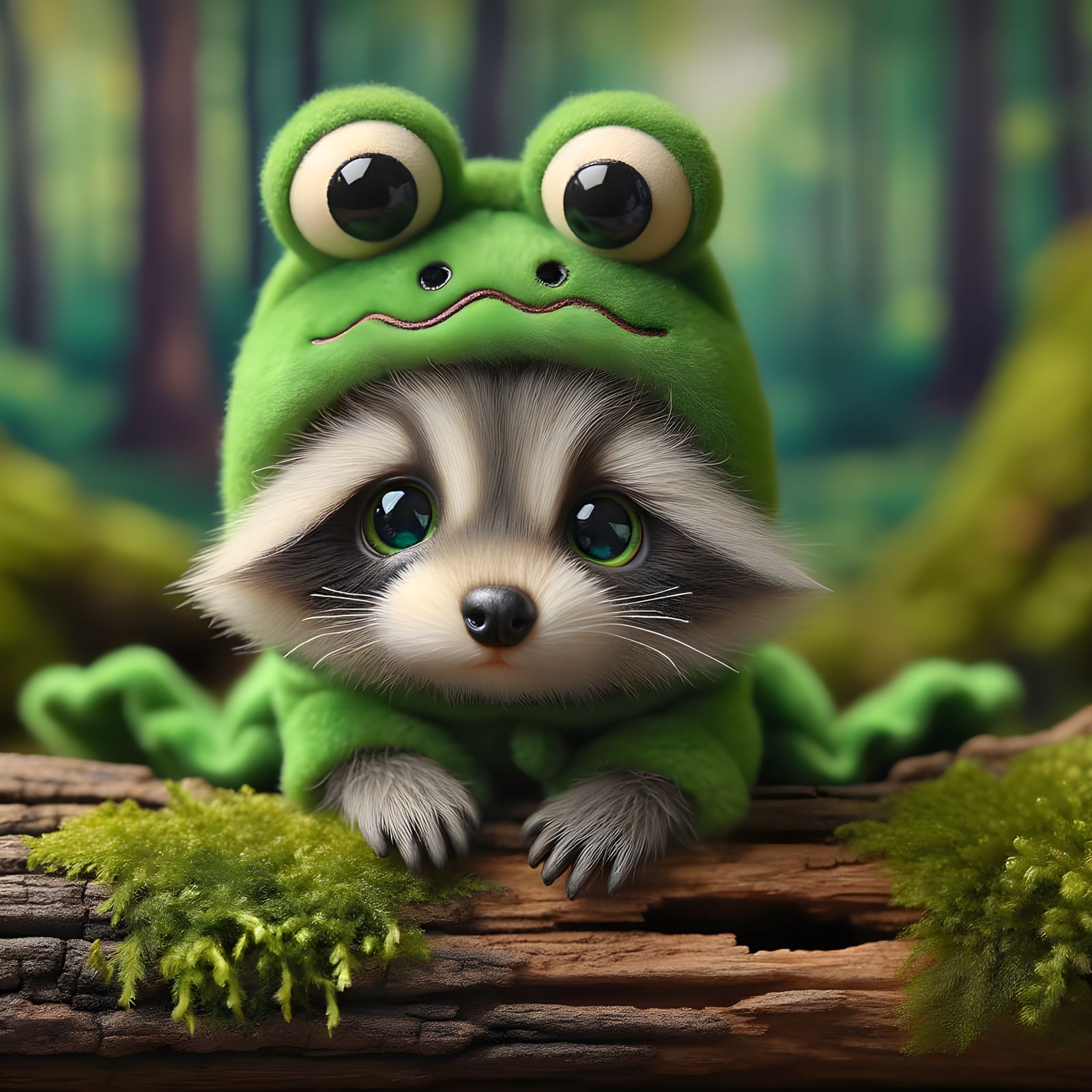 Baby raccoon wearing a frog costume  by @Tiny Pearl Cat