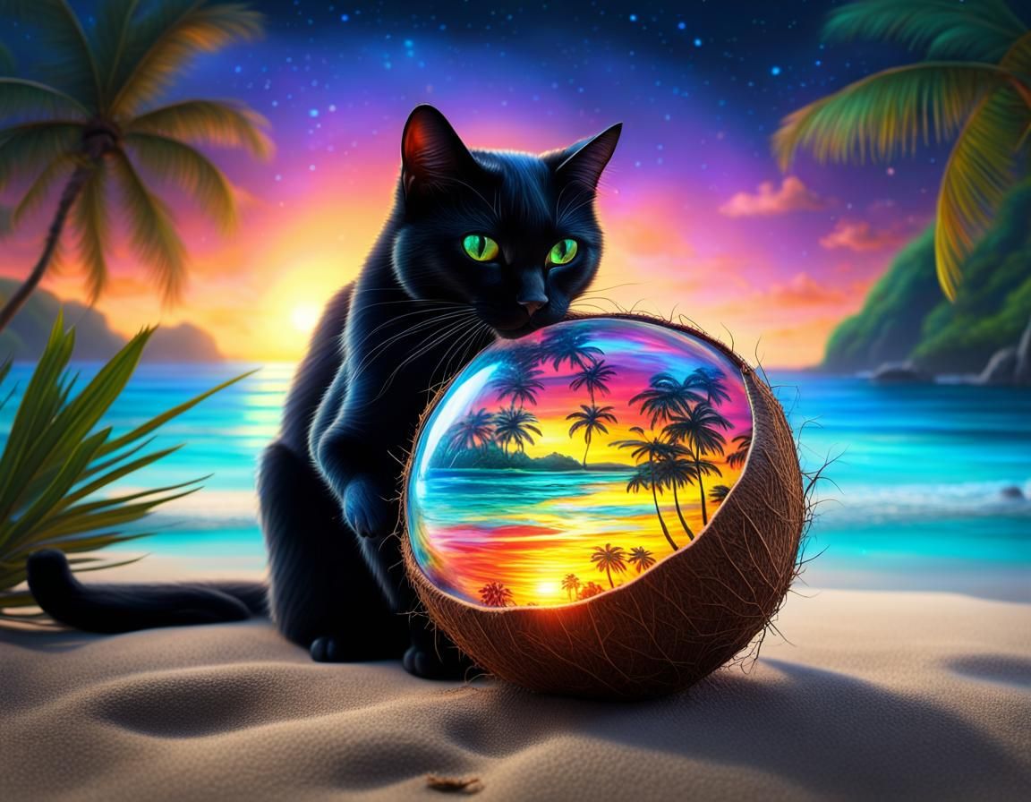 black cat playing whith multicolored glass glowing coconut whith tropical ,  inspired by DiegoHamburg  by @Charlotte