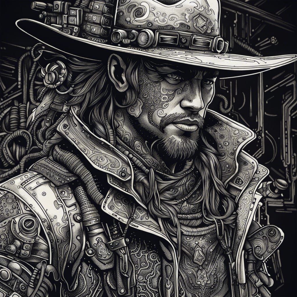 Black and white ink drawing of cyberpunk cowboy, no colour. intricate detail, exquisite drawing  by @Trent