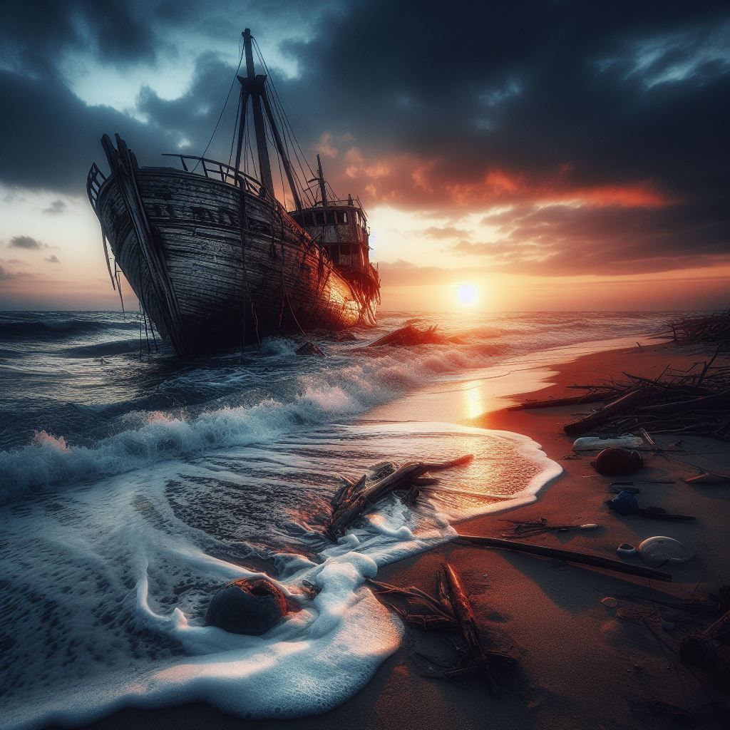 A shipwreck on a beach at sunset