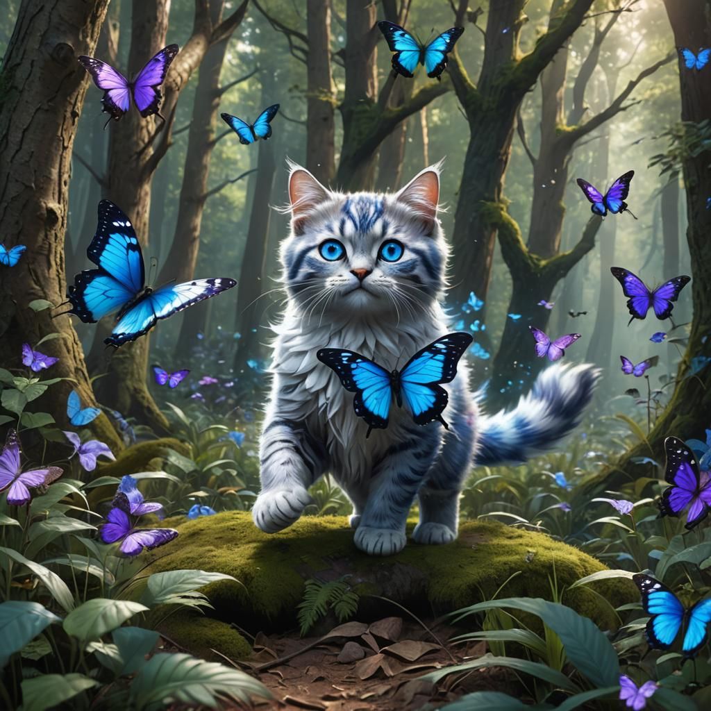 a cerulean butterfly getting chased by a kitten with silver,...